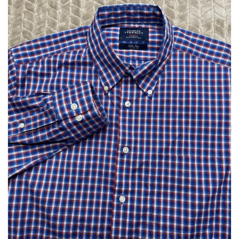 Charles Tyrwhitt Mens L Blue Plaid Weekend‎ Non-Iron Classic Fit Shirt